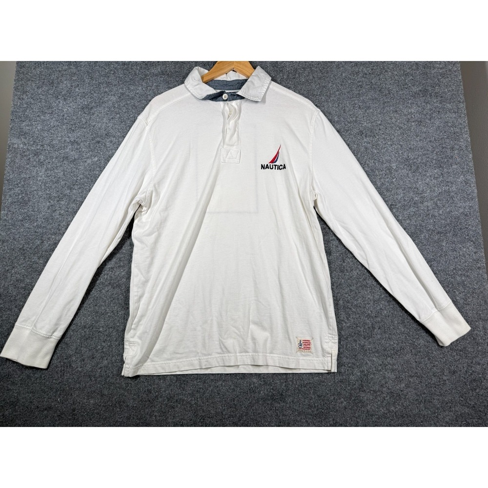 Nautica A Bit Trimmer Rugby Polo Shirt Mens L White Embroidered Logo Long Sleeve